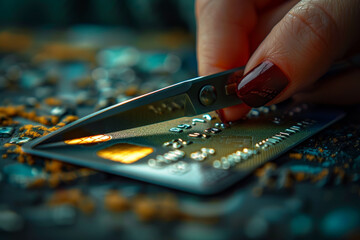Poster - A person's hand cutting up a credit card with scissors, symbolizing the decision to break free from debt and financial dependence.  Generative Ai.