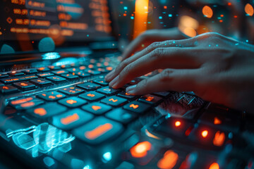 Poster - A person's hand typing on a keyboard to access online banking, managing finances and conducting transactions digitally. Concept of electronic banking and financial technology. Generative Ai.