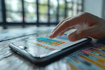 Poster - A person's hand clicking on a budgeting app on a smartphone, managing finances on-the-go with technology. Concept of mobile banking and financial management. Generative Ai.