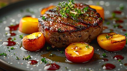 Wall Mural - a steak with apples and sauce on a plate.
