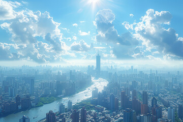 Poster - a panoramic view of a city skyline with skyscrapers from various countries, showcasing architectural