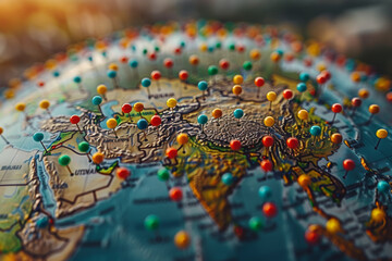 Poster - a globe adorned with colorful pins marking locations of international significance, highlighting glo