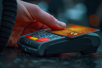 Poster - A person's hand swiping a credit card to make an online purchase from an international retailer, participating in global commerce. Concept of global e-commerce and consumerism. Generative Ai.
