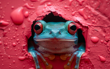 Red-eyed tree frog peeks out of hole in red wall.