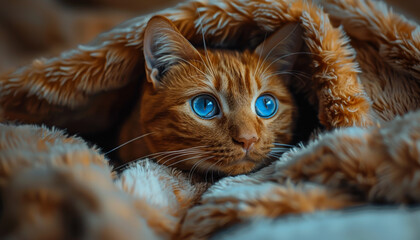 Sticker - Red cat is lying on bed under blanket with blue eyes