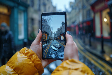 Poster - A person's hand holding a smartphone with a video call in progress, connecting with family and friends across continents. Concept of global communication and social connectivity. Generative Ai.