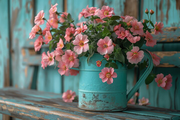 Canvas Print - Pale turquoise watering can with pastel pink flowers on a pastel green garden bench, representing care and nurturing of plants. Generative Ai.