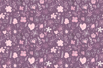 Poster - A purple floral pattern with hearts and flowers. The flowers are drawn in a very detailed and colorful way. Scene is cheerful and playful