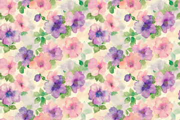  Pastel flower pattern with pink and purple blooms and green leaves, seamless floral design ideal for decoration and fabric tiles