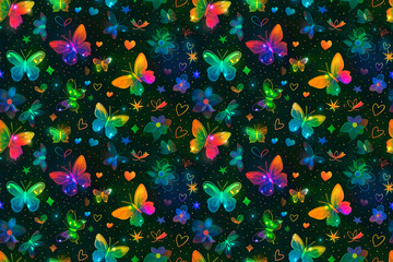 Wall Mural - Neon butterfly pattern with multicolored butterflies and hearts on a dark background, seamless design for vibrant decoration and fun tile ornaments