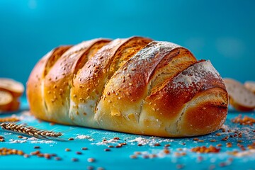 Wall Mural - Bread with seeds on a blue background.