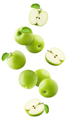 Wall Mural - Falling Green juicy apple isolated on white background, full depth of field