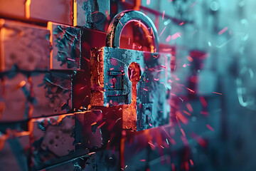 Poster - a digital lock on a 3d pixelated wall disintegrates, symbolizing cybersecurity and data breach. ai