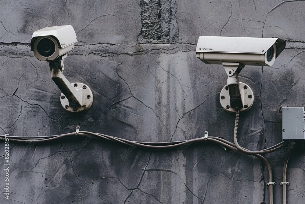 A color photo of an AI-powered security camera mounted on a wall ...