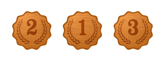 Wall Mural - Set of medals for first second and third place. 1st 2nd 3rd wooden medal icons Vector illustration
