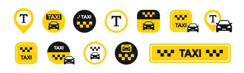 Poster - taxi service icon set. taxi car map pin mark. yellow signs of taxi stop place. vector esp 10