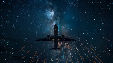 Wall Mural - A plane is flying through the night sky, surrounded by a beautiful milky way