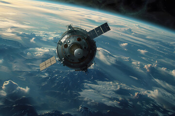 Wall Mural - Detailed artwork depicting a satellite orbiting earth with a stunning backdrop of our planet and atmosphere