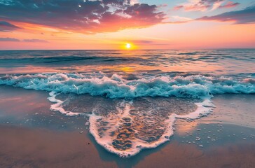 Wall Mural - Beautiful Sunset Over Sea with Waves on Sand Beach