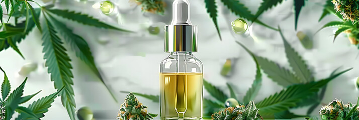 Sticker - CBDinfused skincare oil in dropper bottle with cannabis leaves and buds. Concept CBD-infused Skincare, Dropper Bottle, Cannabis Leaves, Buds, Wellness Beauty AI