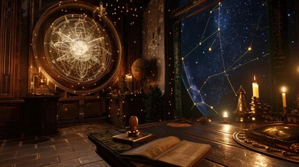 Wall Mural - mystical astrologer's chamber, lit by candlelight, with an ornate brass astrolabe, ancient star maps on the walls, and a window looking out to a beautifully detailed constellation, evoking a sense of 