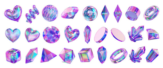 Fototapete - Heart and Gem holographic decoration set pack isolated background 3d rendering	
