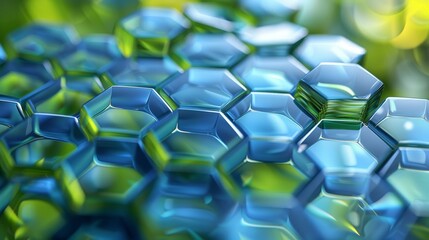 Wall Mural - Abstract blue and green hexagonal glass cells
