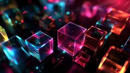 Wall Mural - Bright neon 3D cubes reflecting colorful light with bokeh effect