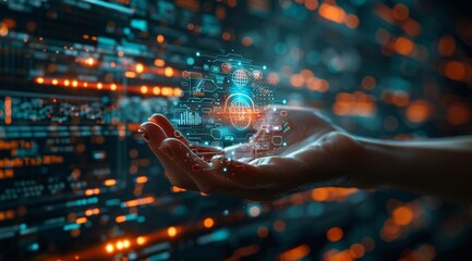 Poster - Futuristic artificial intelligence concept: Hand interacting with advanced digital interface and glowing circuits