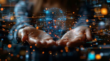 Poster - Futuristic digital interface with human hand presenting AI technology