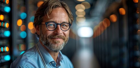 Poster - Professional IT technician with glasses in a server room, displaying confidence and expertise