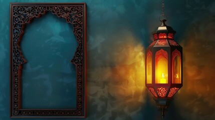Wall Mural - ornate ramadan lantern and an ornamental frame. lamp with arabic decoration. concept for islamic celebration day ramadan kareem. realistic