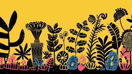 Vibrant Botanical Illustration with Exotic Plants on Yellow Background