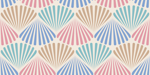 Retro seamless marine pattern with colorful shells. Vintage pattern of shells in 60s style.