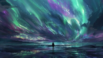 Wall Mural - Otherworldly aurora borealis on an alien planet, shades of green and purple dancing across the sky, impressionist brushstrokes, hints of flora in the realistic