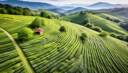 Tea field green plantation agriculture background top leaf farm landscape pattern drone. Organic field mountain green plant tea table view wooden product aerial display farmer wood fresh harvest land 