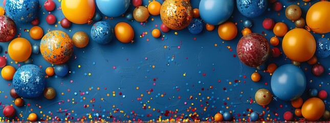Colorful birthday background with assorted balloons and confetti on a blue surface