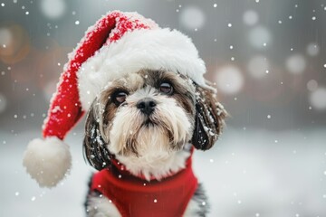 Wall Mural - Shih Tzu breed dog wearing festive red Santa hat posing outdoor in snowy park decorated for holidays . Christmas celebration. Bright warm colours.