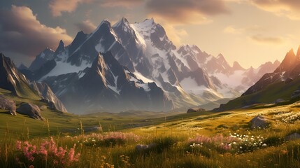 Wall Mural - Panoramic view of snow-capped mountains and meadow at sunset