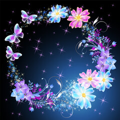 Wall Mural - Fairytale floral round frame and magic butterflies in amazing night sky with sparkle stars and flowers. Fantasy mysterious background.