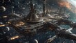© rainmind - Futuristic space station with advanced technology and spacecraft, set in a distant galaxy with vibrant planets and stars.