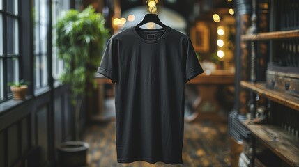 Wall Mural - Basic plain black t-shirt with rounded neck, half sleeves, product photography, hanging, closeup