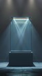 © Bettina - Glass display case for the exhibition in the shape of a cube illuminated by spotlights. Modern exhibition and luxury design. Advertising in museum glass boxes. To display technological innovation.Expo