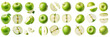 © Apim & Co - Green apple fruit, different angles and view side top front group sliced halved cut isolated on transparent background