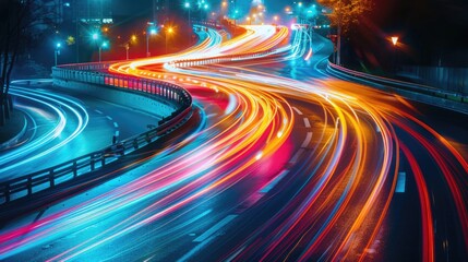 colorful long exposure background of motion blur moving light of traffic cars on a road.