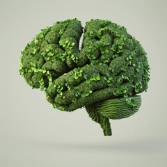 Wall Mural - 3D illustration of brain made of green plants in blank and plain background. Copy space for text. 