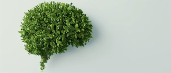 Wall Mural - 3D illustration of brain made of green plants in blank and plain background. Copy space for text. 