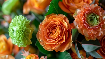 Wall Mural - Floral, Detailed orange and green bouquet with blooming roses and dahlias, perfect for botanical photography and design.