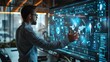 © Yuparet - Interactive Data Analysis,A professional using a large touchscreen interface to analyze and visualize complex data, highlighting the integration of technology and business.