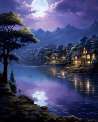 Wall Mural - Fantasy landscape with a lake, mountains and a village at night